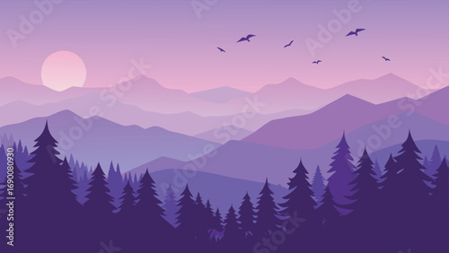 Purple Mountain Landscape with Trees, Sunset, and Birds Illustration for Background
