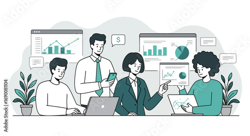 Minimal flat vector illustration of business people working with charts, laptop, and mobile devices, modern line art style