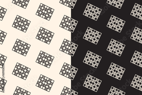 Chessboard engraving seamless pattern on black beige background. Chess board game hand drawn doodle pattern background. Classic chessboard hatching motif wallpaper. Chessboard game merchandise