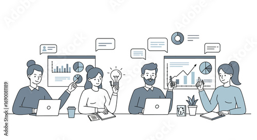 Minimal flat vector illustration of business people working with charts, laptop, and mobile devices, modern line art style
