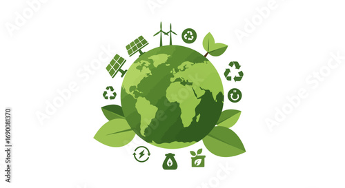 Minimalist eco vector design with leaves, green earth, and sustainability icons in modern flat style