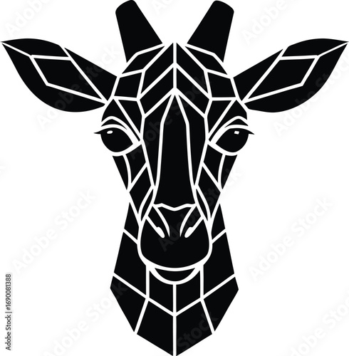 Vector art of geometric black and white illustration of a giraffe head, , featuring sharp lines and angular shapes for a modern, stylized animal portrait
