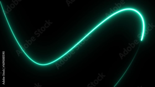 Abstract neon motion video with glowing turquoise curved light streaks on dark futuristic background
