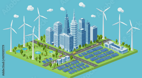 Vector design of green technology, electric car charging, renewable energy and smart city