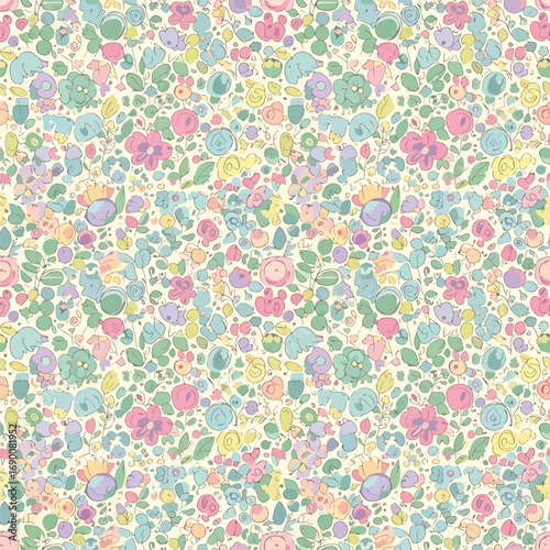 Whimsical floral pattern with pastel colors and hand drawn style elements, seamless pattern, royalty stock.