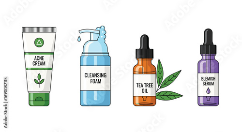 Achieve clear skin with this essential skincare collection featuring acne cream foam cleanser tea tree oil and blemish serum, Generative AI.