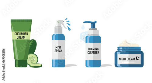 Revitalize your routine with cucumber cream mist spray foaming cleanser and night cream for glowing skin, Generative AI.