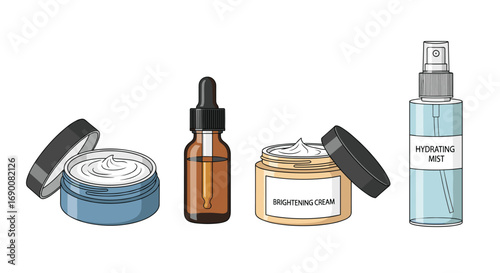 Discover radiant skin with essential beauty products like brightening cream serum and hydrating mist, Generative AI.
