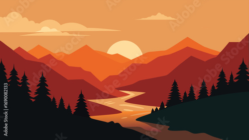 River Valley Illustration Sunset Over Mountains with Silhouetted Trees and Warm Hues