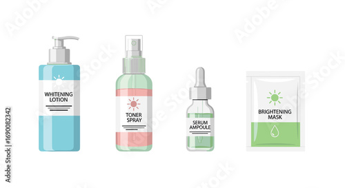 Achieve radiant skin with this modern skincare set featuring whitening lotion toner spray serum and mask, Generative AI.