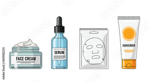 Achieve glowing skin with this curated collection of face cream serum sheet mask and sunscreen, Generative AI.