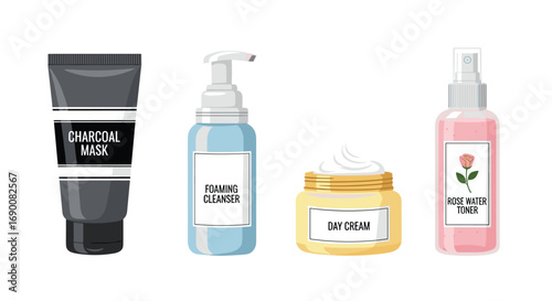 Pamper your skin with this essential skincare set featuring charcoal mask cleanser day cream and rose water toner, Generative AI.