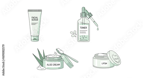 Refresh and rejuvenate your skin with essential beauty products like facial scrub toner aloe cream and lip balm, Generative AI.
