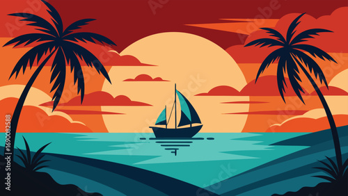 Sailboat Silhouette with Palm Trees in Tropical Art Sunset Ocean