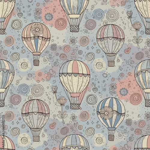 Whimsical hot air balloon pattern with vintage style and pastel color palette, seamless pattern, royalty stock.