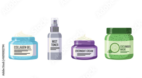 Discover radiant skin with these essential beauty products collagen gel mist toner overnight cream cucumber mask, Generative AI.