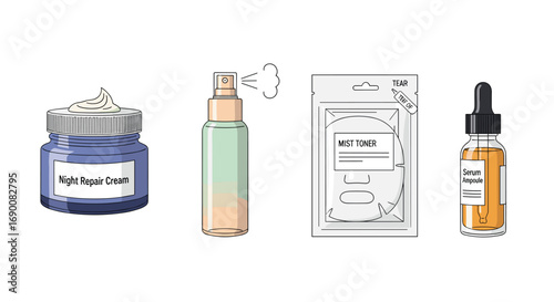 Discover radiant skin with night cream mist toner and serum ampoule for a complete skincare routine, Generative AI.