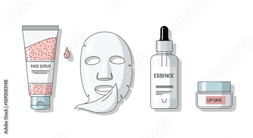 Pamper your skin with a complete beauty routine face scrub essence and lip care set, Generative AI.