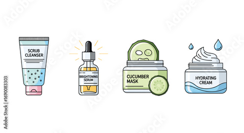 Unlock radiant skin with essential skincare collection brightening serum cucumber mask hydrating cream and cleanser, Generative AI.