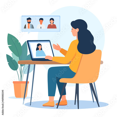 Woman sitting at a desk engaged in a video conference call.