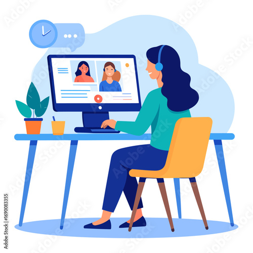 Woman Engaged in Virtual Video Conference Call at Home Office Desk.