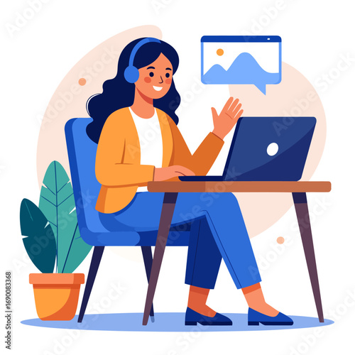 Smiling woman using laptop for online support.