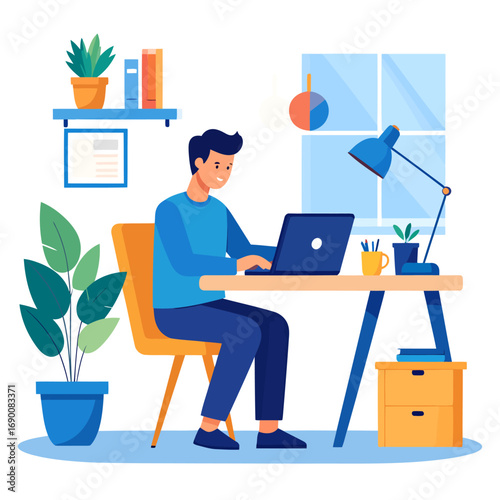 Man working on laptop at desk in home office setting.