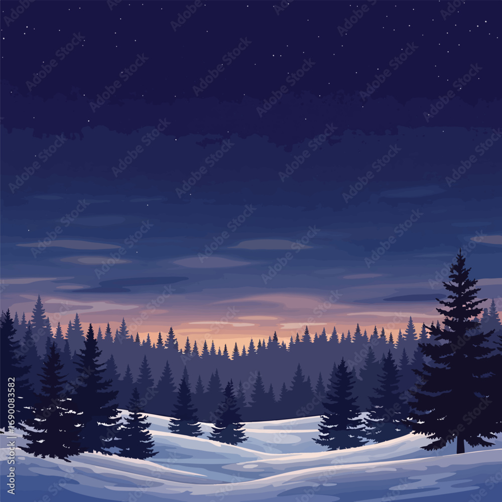 Fototapeta premium Winter landscape illustration with forest at twilight and starry night sky, seamless pattern, Stock royalty free image.