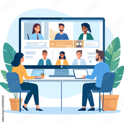 Colleagues engaged in a virtual team meeting online.
