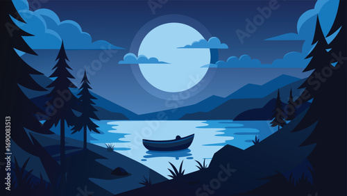 Serene Lake with Full Moon, Boat, Forest, and Mountains in Shades of Blue