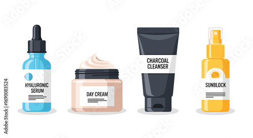 Discover radiant skin with skincare essentials like hyaluronic serum day cream cleanser and sunblock, Generative AI.