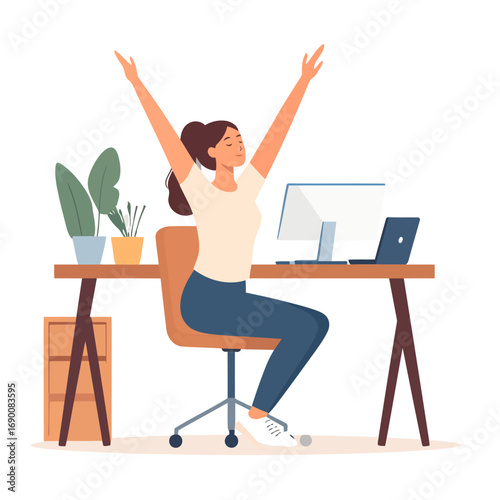 Woman Stretching at Desk, Celebrating Success and Taking a Break.