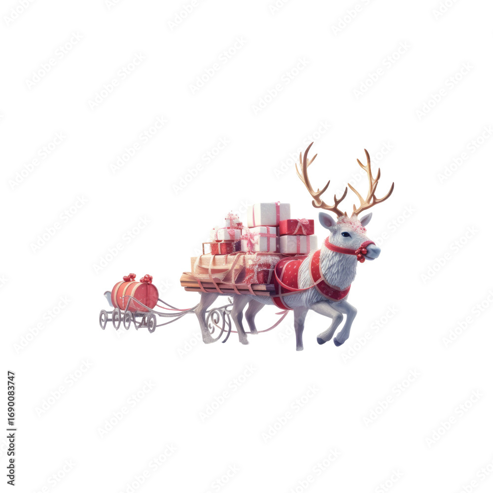 Fototapeta premium Reindeer pulling a sleigh traditional Christmas holiday symbol winter animal illustration festive season celebration and decorative design concept isolated on white background