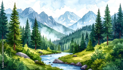 Serene mountain landscape with flowing river and trees