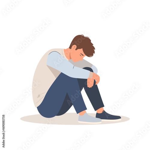 Sad Man Sitting with Head in Arms, Expressing Depression.