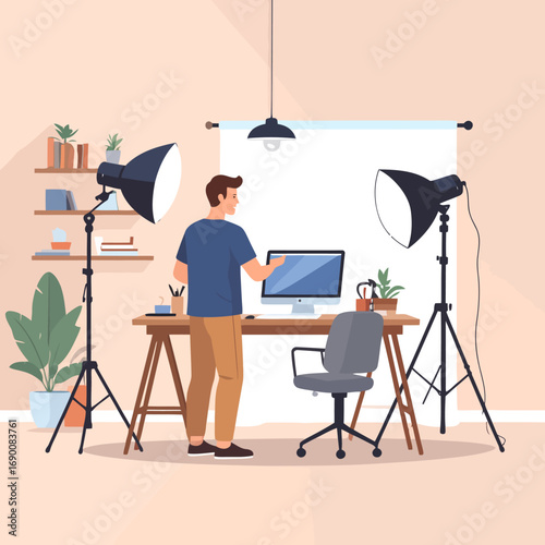 Man in a photography studio working on a computer with lighting equipment.