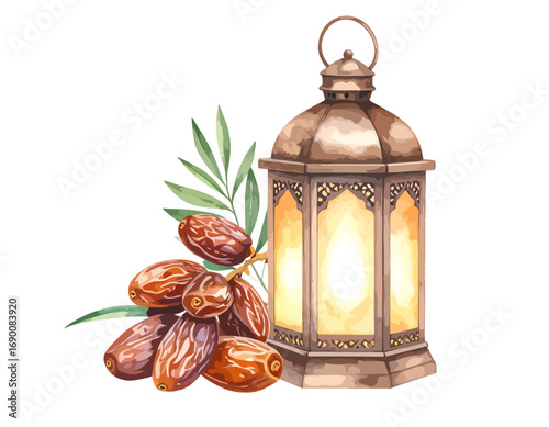 Ornate Lantern with Dates and Palm Leaves.