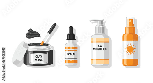 Pamper your skin with this essential skincare collection featuring clay mask serum and moisturizer, Generative AI.
