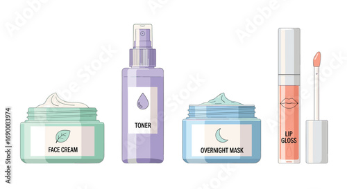 Pamper your skin with this elegant collection of face cream toner overnight mask and lip gloss, Generative AI.