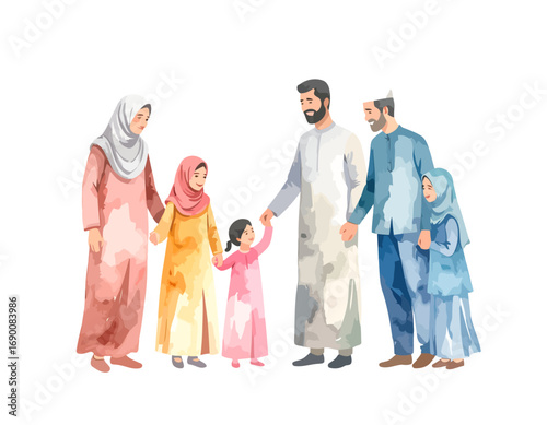 Muslim family holding hands together in watercolor illustration.