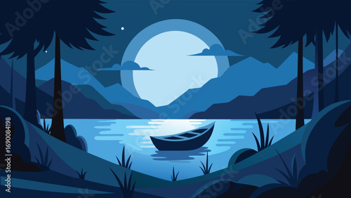 Serene Night Landscape with Boat on Lake, Full Moon over Mountains and Forest