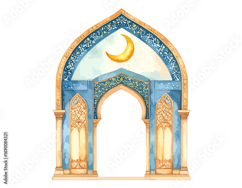 Islamic Archway with Crescent Moon and Intricate Blue Tiles.