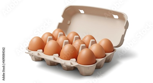 3D vector illustration of a dozen natural brown chicken eggs in a carton box