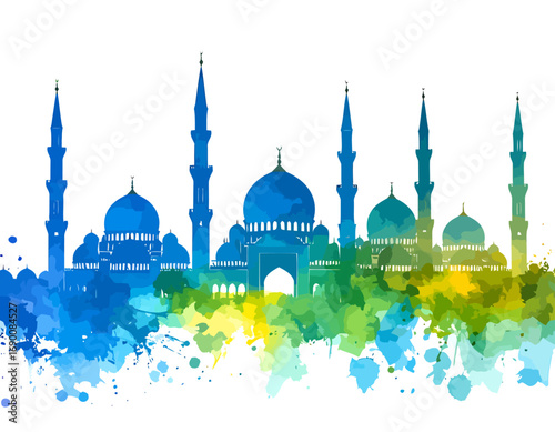 Watercolor Silhouette of Mosque with Minarets and Domes in Blue and Green.