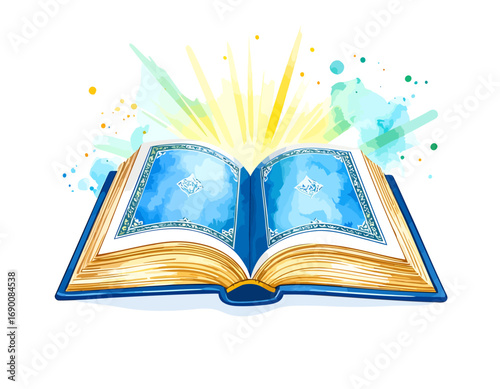Open book radiating golden light watercolor illustration symbolizing knowledge and wisdom.
