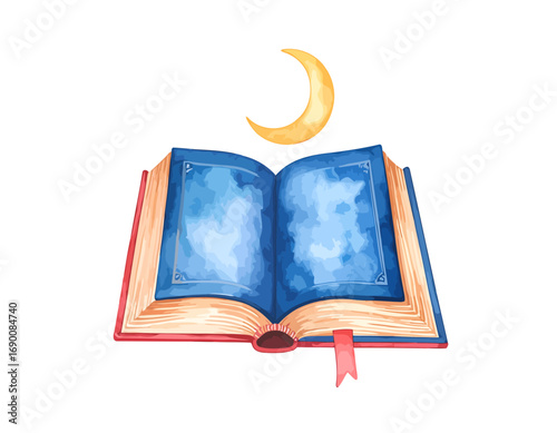 Watercolor Illustration of Open Book with Crescent Moon for Ramadan.