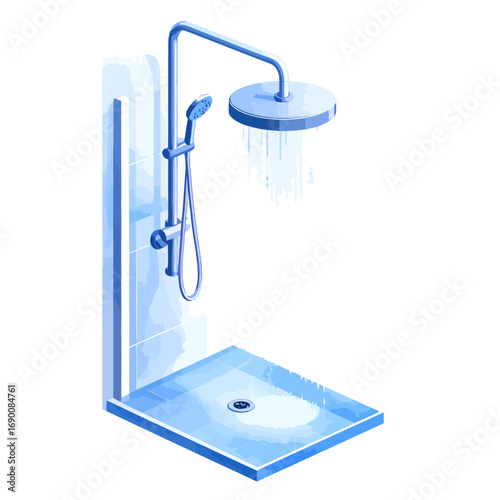Modern blue shower with handheld and rainfall shower head.