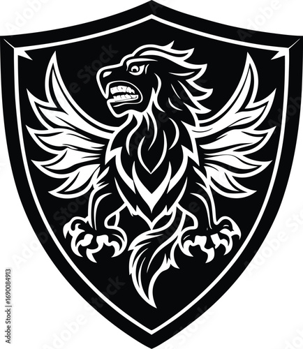 Vector art of a striking black and white emblem of a griffin in a defensive stance, wings spread, isolated on a, representing strength and vigilance