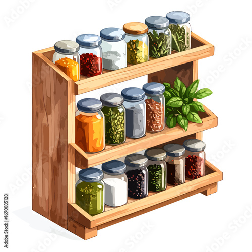 Spice Rack with Assorted Spices in Glass Jars on Wooden Shelves.