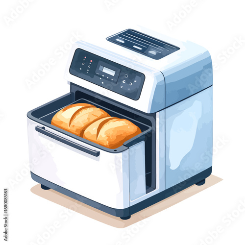 Modern bread maker machine with baked loaves inside the oven.